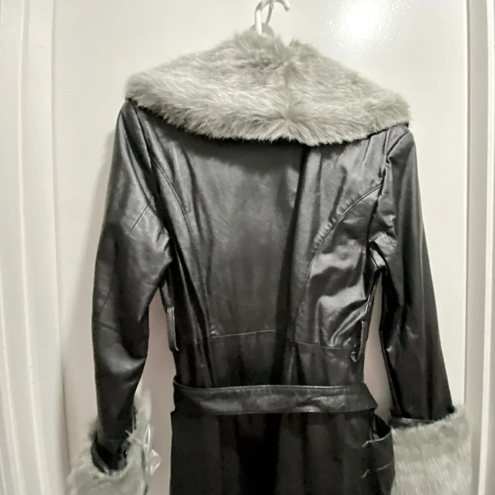 Vintage Newport News Leather Faux Fur Steampunk Goth Punk Belted Y2K Long Coat S - Picture 6 of 13